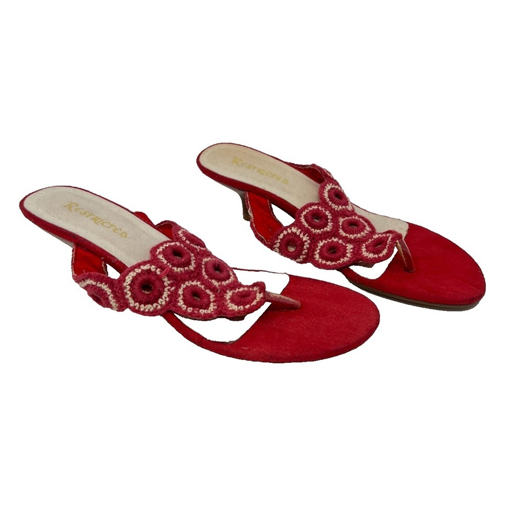 Restricted Women's Red Thong Sandals Heels Leather Insole Crochet Size 7